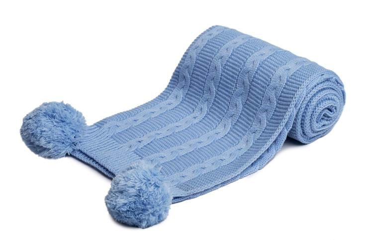 Personalised Blue Cable Knit Baby Wrap with Pom Poms