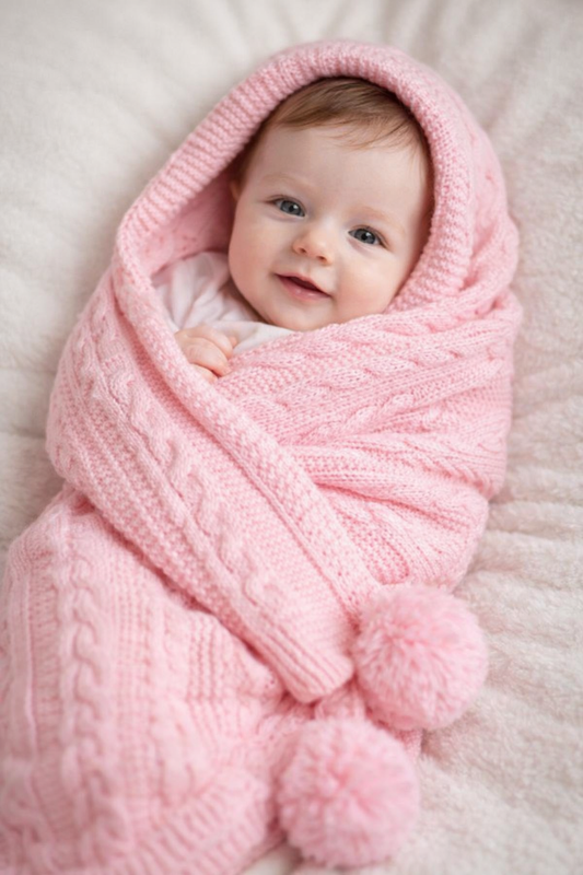 Personalised Pink Cable Knit Baby Wrap with Pom Poms