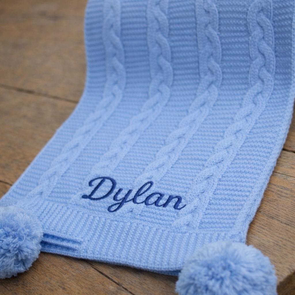 Personalised Blue Cable Knit Baby Wrap with Pom Poms