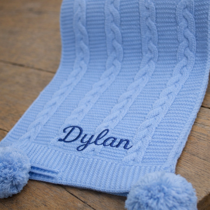 Personalised Blue Cable Knit Baby Wrap with Pom Poms