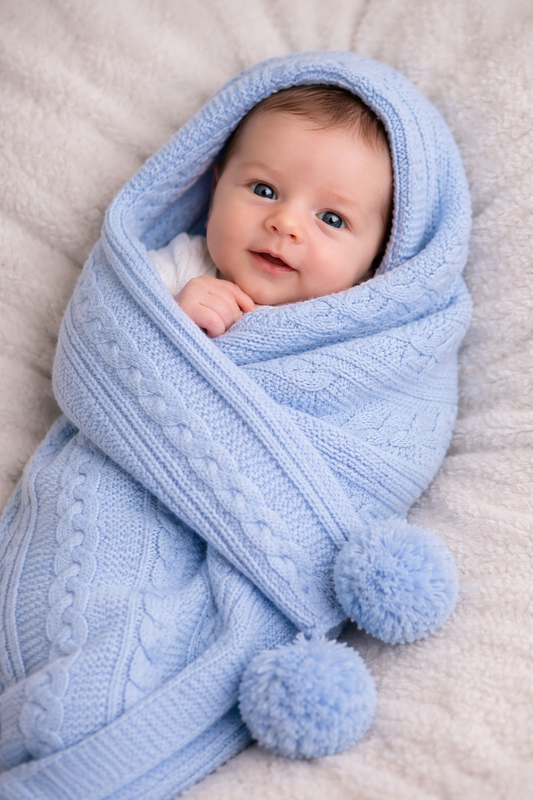 Personalised Blue Cable Knit Baby Wrap with Pom Poms
