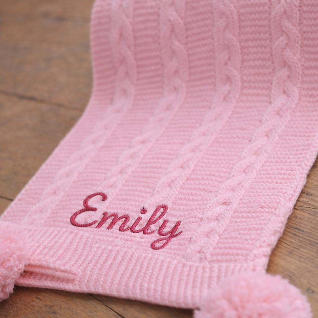 Personalised Pink Cable Knit Baby Wrap with Pom Poms