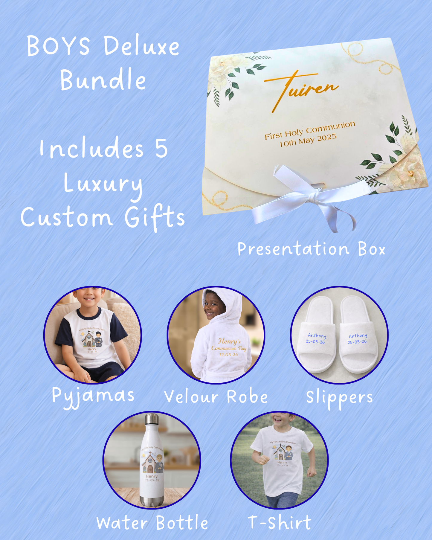 Boys Deluxe First Holy Communion Gift Box – Personalised Bundle with Pyjamas, Robe, Slippers & More