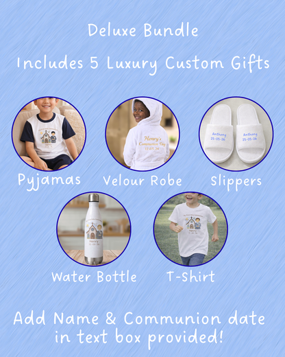 Boys Deluxe First Holy Communion Gift Box – Personalised Bundle with Pyjamas, Robe, Slippers & More