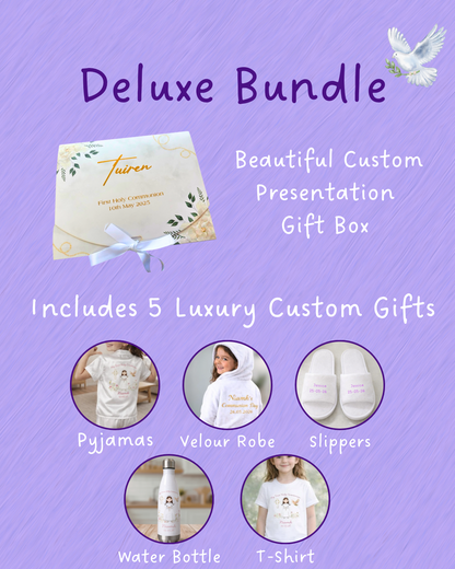 Girls Deluxe First Holy Communion Gift Box – Personalised Bundle with Pyjamas, Robe, Slippers & More