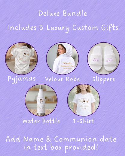 Girls Deluxe First Holy Communion Gift Box – Personalised Bundle with Pyjamas, Robe, Slippers & More