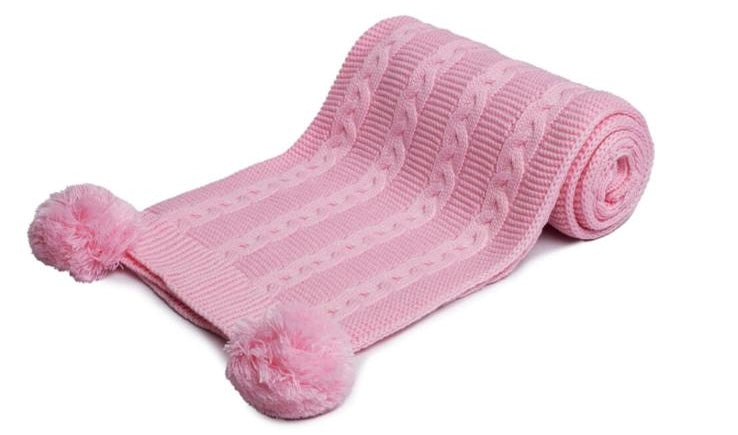 Personalised Pink Cable Knit Baby Wrap with Pom Poms